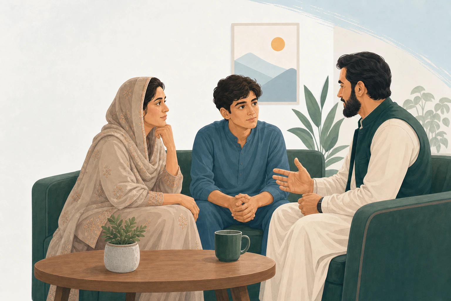 A student in conversation with family and an adviser
